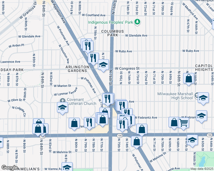 map of restaurants, bars, coffee shops, grocery stores, and more near 7690 West Appleton Avenue in Milwaukee
