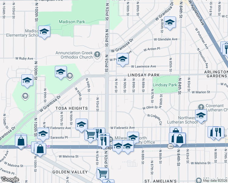 map of restaurants, bars, coffee shops, grocery stores, and more near 4272-4274 North 91st Street in Milwaukee