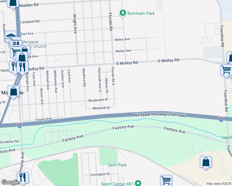 map of restaurants, bars, coffee shops, grocery stores, and more near 1011 Boulevard Street in Mattydale