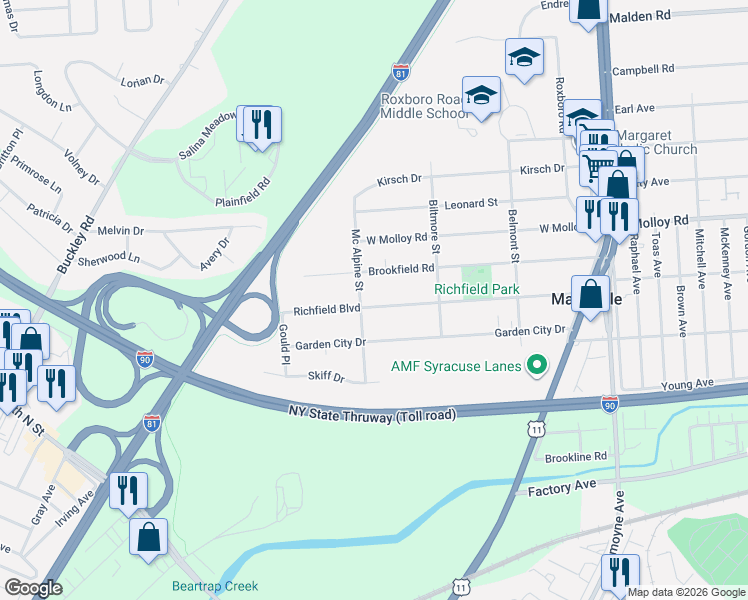 map of restaurants, bars, coffee shops, grocery stores, and more near 323 Richfield Boulevard in Syracuse