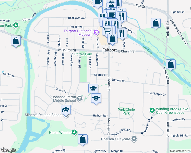 map of restaurants, bars, coffee shops, grocery stores, and more near 63 Filkins Street in Fairport