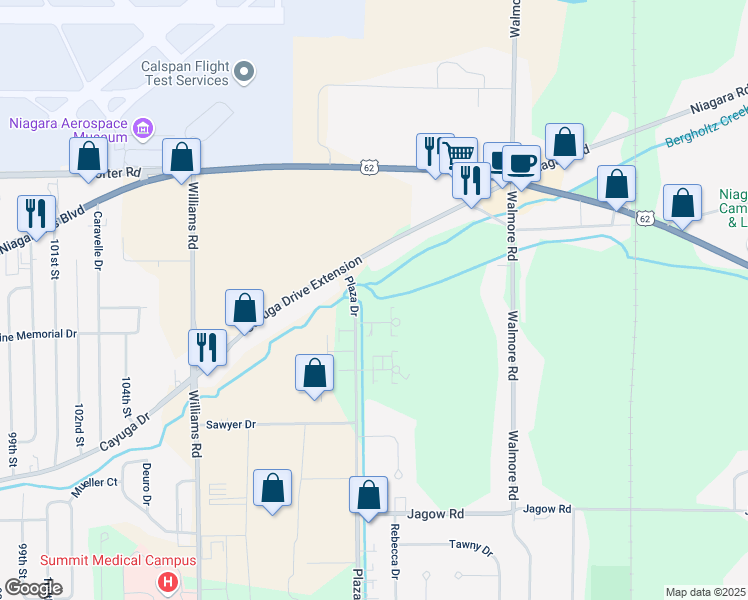map of restaurants, bars, coffee shops, grocery stores, and more near 2169 Amy Drive in Niagara Falls