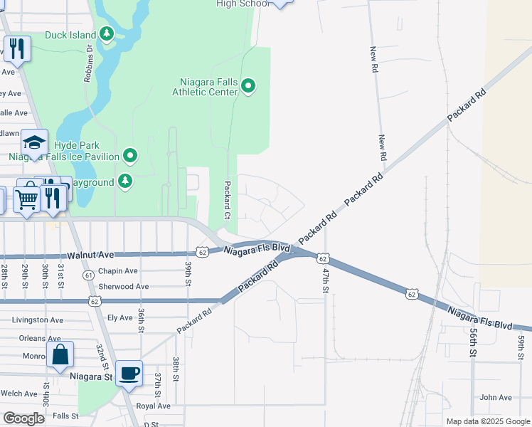 map of restaurants, bars, coffee shops, grocery stores, and more near 6 Packard Court in Niagara Falls