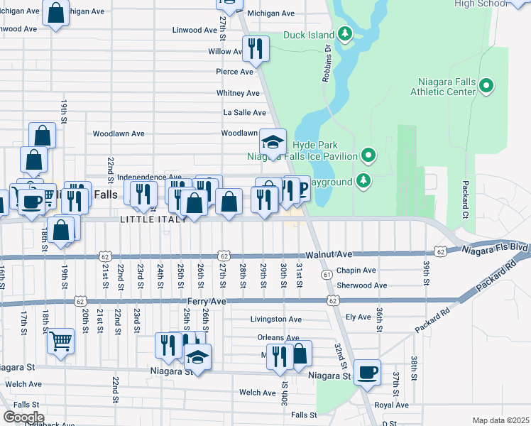 map of restaurants, bars, coffee shops, grocery stores, and more near 2815 Pine Avenue in Niagara Falls