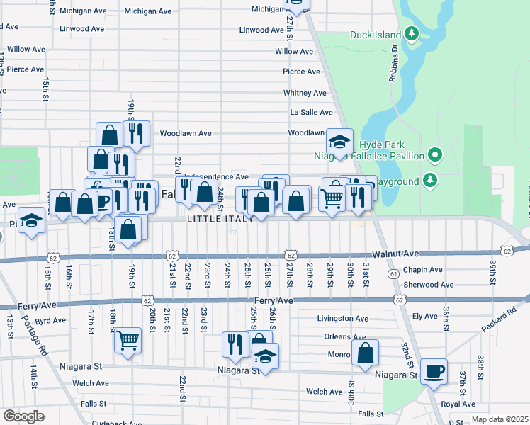 map of restaurants, bars, coffee shops, grocery stores, and more near 2601 Pine Avenue in Niagara Falls