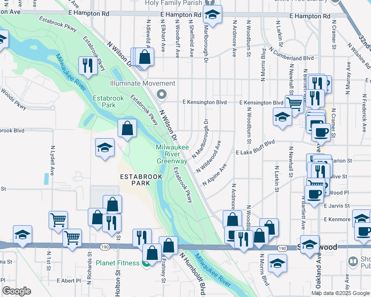 map of restaurants, bars, coffee shops, grocery stores, and more near 4305 North Marlborough Drive in Shorewood
