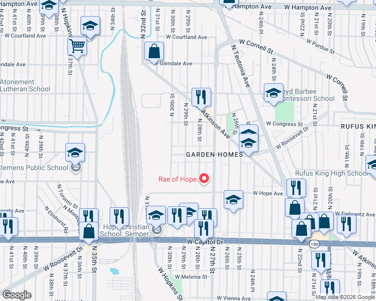 map of restaurants, bars, coffee shops, grocery stores, and more near 2903 West Roosevelt Drive in Milwaukee