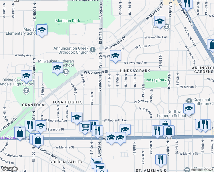 map of restaurants, bars, coffee shops, grocery stores, and more near 4272-4274 North 91st Street in Milwaukee