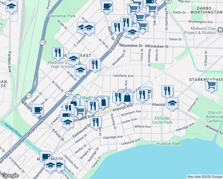 map of restaurants, bars, coffee shops, grocery stores, and more near 206 Jackson Street in Madison