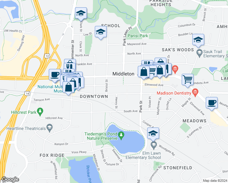 map of restaurants, bars, coffee shops, grocery stores, and more near 7133 Hubbard Avenue in Middleton