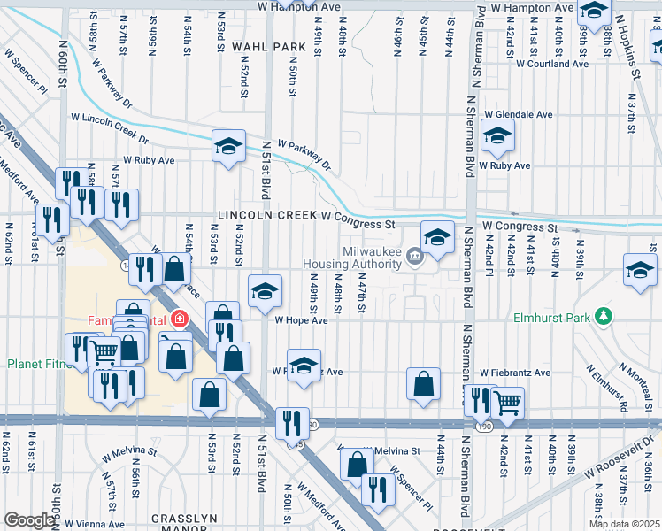 map of restaurants, bars, coffee shops, grocery stores, and more near 4275 North 48th Street in Milwaukee