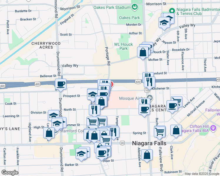 map of restaurants, bars, coffee shops, grocery stores, and more near 5546 Portage Road in Niagara Falls
