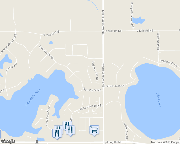 map of restaurants, bars, coffee shops, grocery stores, and more near 7314 Old Mission Drive Northeast in Rockford