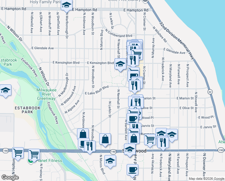 map of restaurants, bars, coffee shops, grocery stores, and more near 1528 East Marion Street in Shorewood