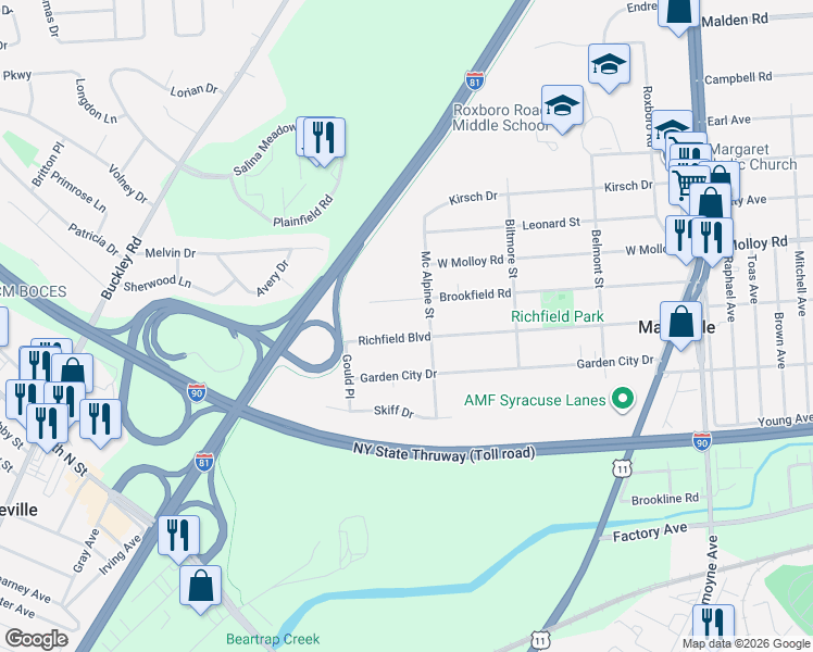 map of restaurants, bars, coffee shops, grocery stores, and more near 403 Richfield Boulevard in Mattydale