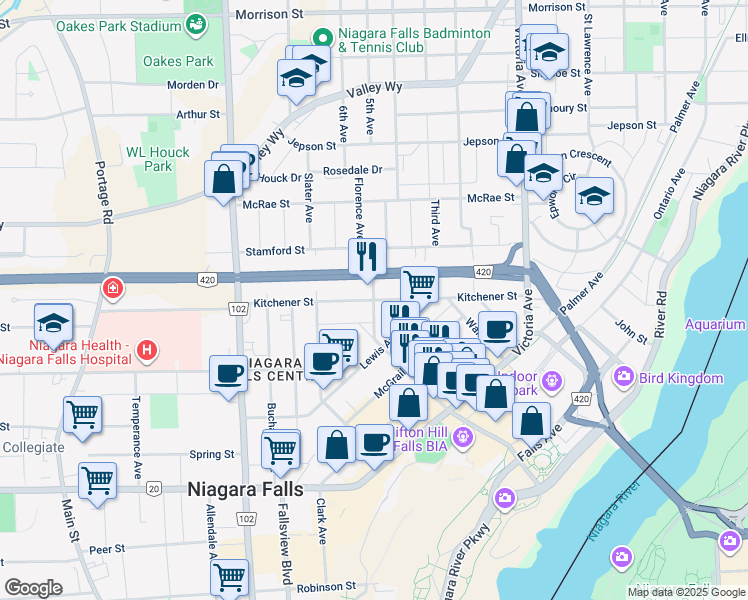 map of restaurants, bars, coffee shops, grocery stores, and more near Macdonald Avenue in Niagara Falls