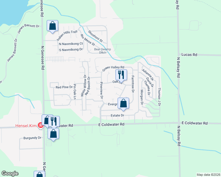 map of restaurants, bars, coffee shops, grocery stores, and more near 94 Woodlot Court in Flint