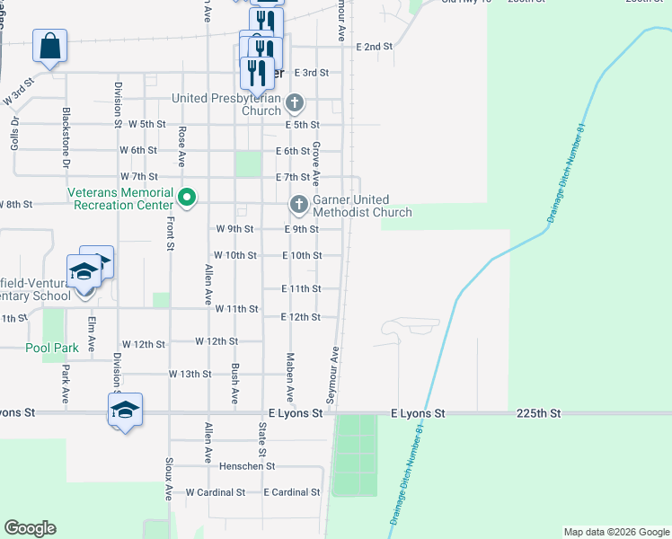 map of restaurants, bars, coffee shops, grocery stores, and more near 1000-1098 Seymour Avenue in Garner