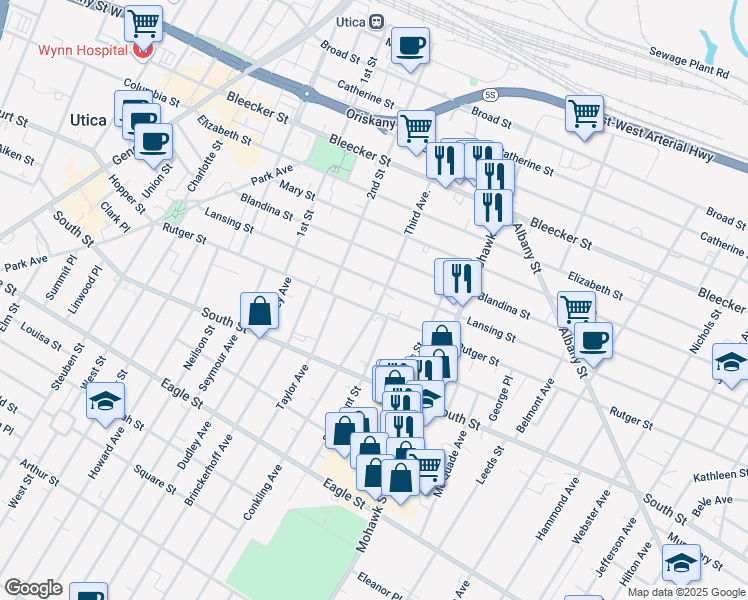map of restaurants, bars, coffee shops, grocery stores, and more near 523 Rutger Street in Utica