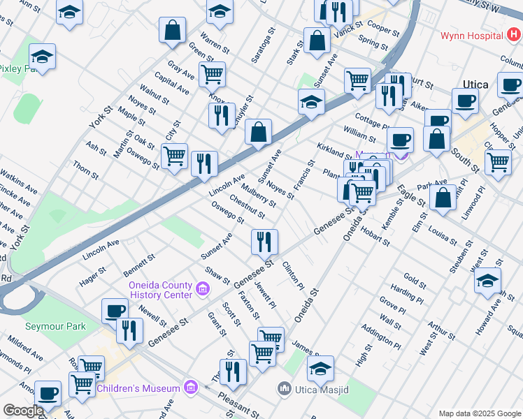 map of restaurants, bars, coffee shops, grocery stores, and more near 715 Chestnut Street in Utica