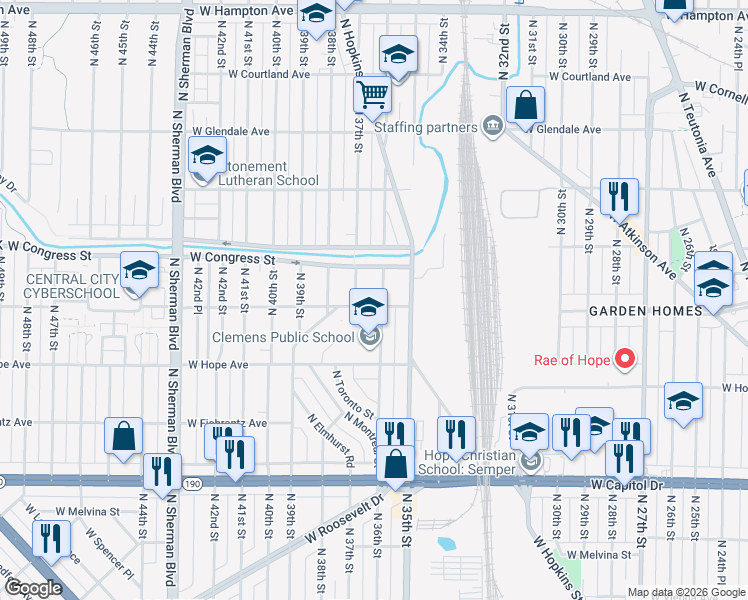 map of restaurants, bars, coffee shops, grocery stores, and more near 3611 West Marion Street in Milwaukee