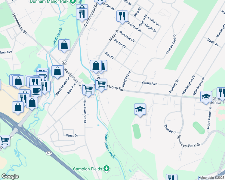 map of restaurants, bars, coffee shops, grocery stores, and more near 22 Burrstone Road in New York Mills