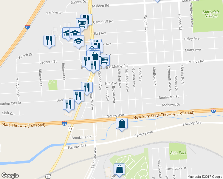 map of restaurants, bars, coffee shops, grocery stores, and more near 213 Toas Avenue in Syracuse