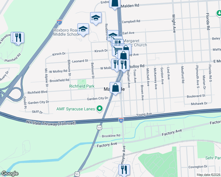 map of restaurants, bars, coffee shops, grocery stores, and more near 1905 Brewerton Road in Syracuse