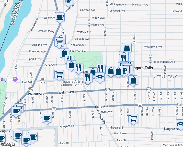 map of restaurants, bars, coffee shops, grocery stores, and more near 1240 Pine Avenue in Niagara Falls
