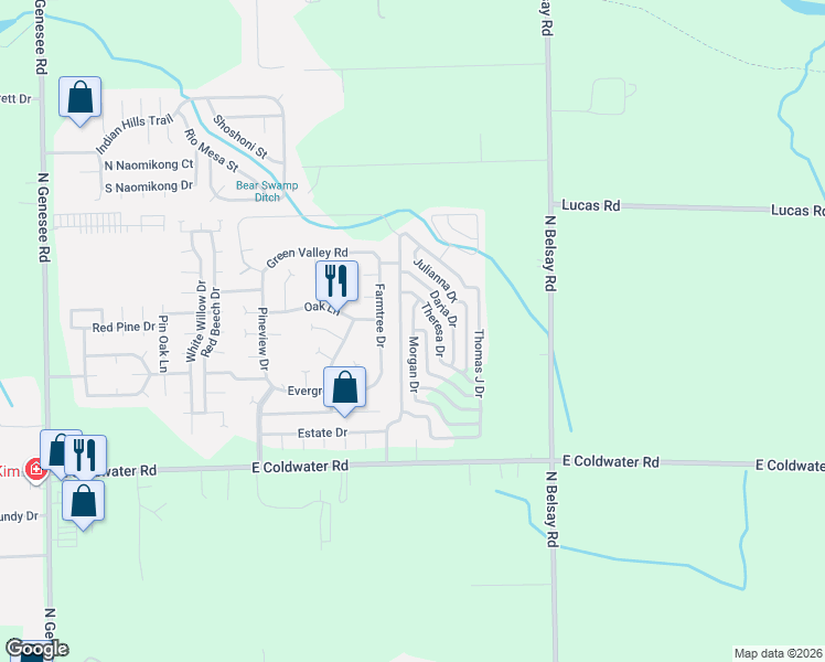 map of restaurants, bars, coffee shops, grocery stores, and more near 724 Morgan Drive in Flint