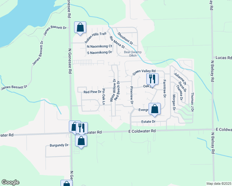 map of restaurants, bars, coffee shops, grocery stores, and more near 448 White Willow Drive in Flint