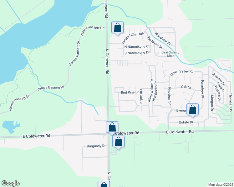 map of restaurants, bars, coffee shops, grocery stores, and more near 429-455 Red Pine Drive in Flint