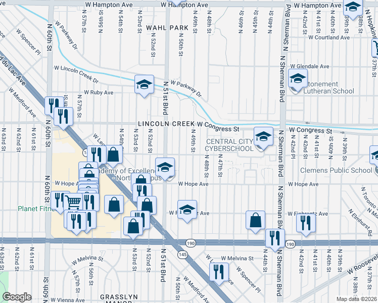 map of restaurants, bars, coffee shops, grocery stores, and more near 4267 North 49th Street in Milwaukee