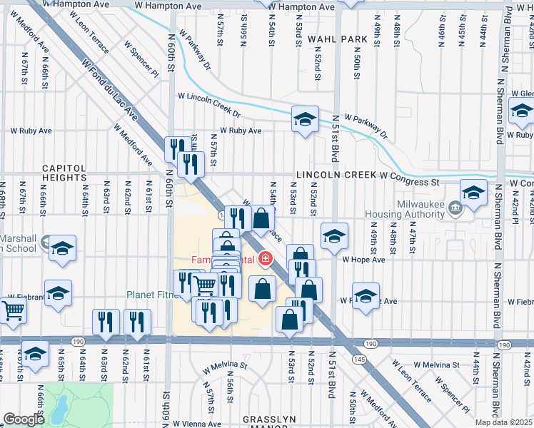 map of restaurants, bars, coffee shops, grocery stores, and more near 5381 West Leon Terrace in Milwaukee