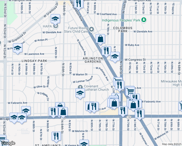 map of restaurants, bars, coffee shops, grocery stores, and more near 8016 West Lynmar Terrace in Milwaukee
