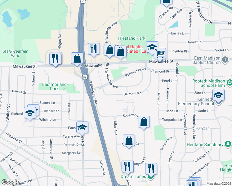 map of restaurants, bars, coffee shops, grocery stores, and more near 142 Belmont Road in Madison