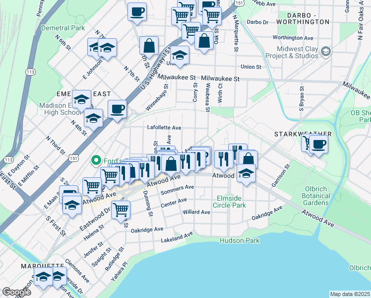 map of restaurants, bars, coffee shops, grocery stores, and more near 202 Corry Street in Madison