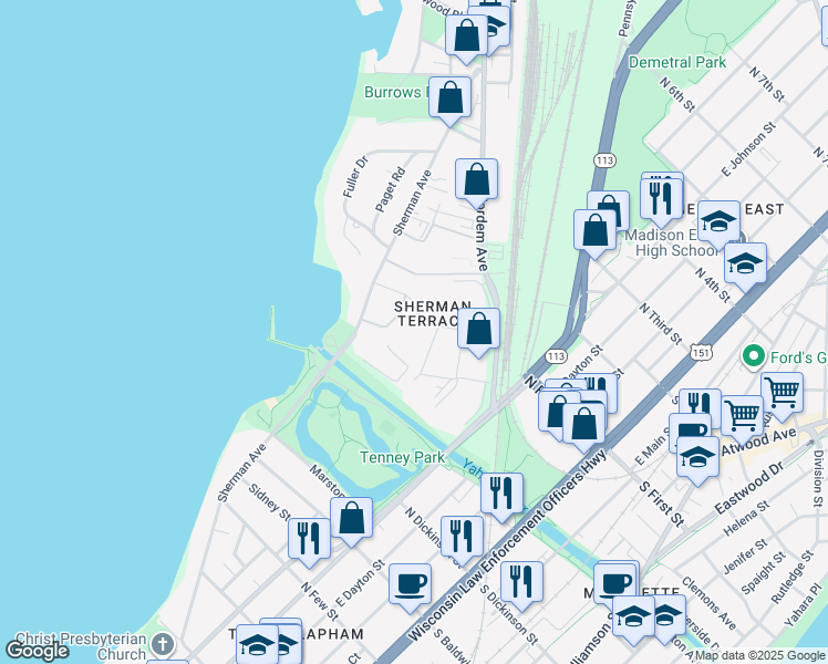 map of restaurants, bars, coffee shops, grocery stores, and more near 17 Sherman Terrace in Madison