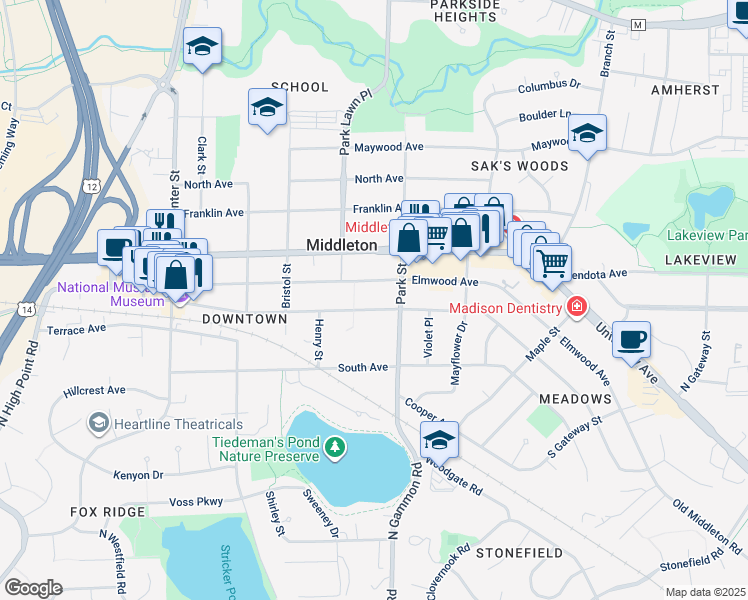 map of restaurants, bars, coffee shops, grocery stores, and more near 7037 Hubbard Avenue in Middleton