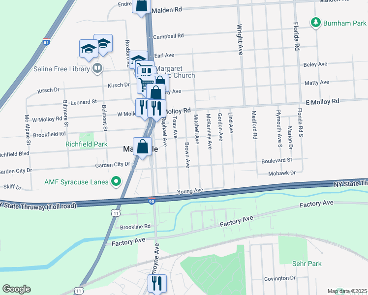 map of restaurants, bars, coffee shops, grocery stores, and more near 208 Brown Avenue in Syracuse