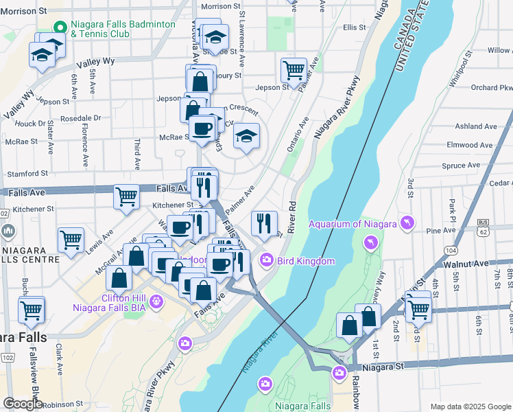 map of restaurants, bars, coffee shops, grocery stores, and more near Ontario Avenue in Niagara Falls