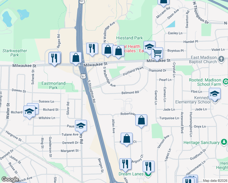 map of restaurants, bars, coffee shops, grocery stores, and more near 142 Belmont Road in Madison