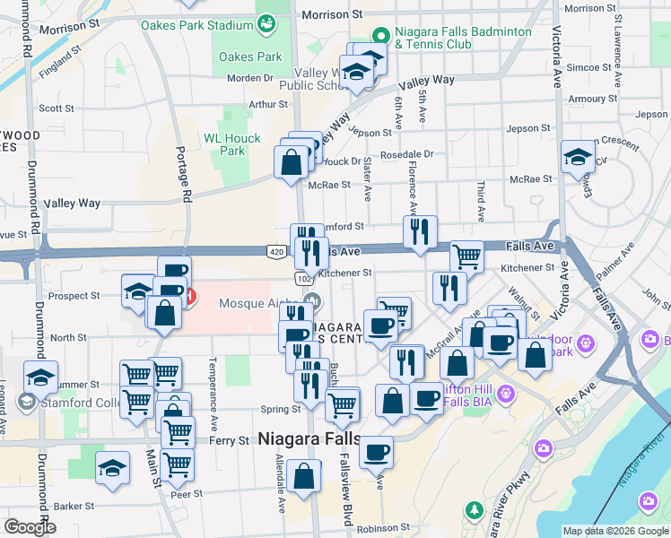 map of restaurants, bars, coffee shops, grocery stores, and more near 5377 Kitchener Street in Niagara Falls