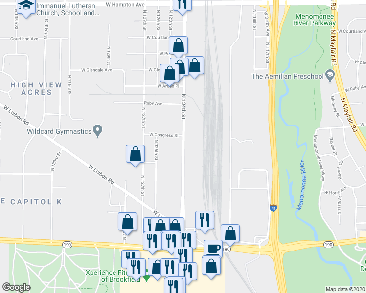 map of restaurants, bars, coffee shops, grocery stores, and more near 4361 North 124th Street in Brookfield
