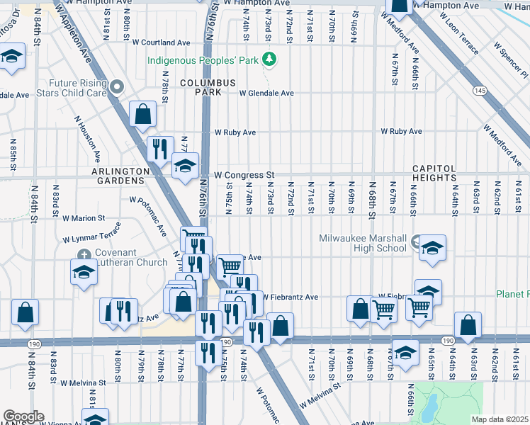 map of restaurants, bars, coffee shops, grocery stores, and more near 4267 North 73rd Street in Milwaukee