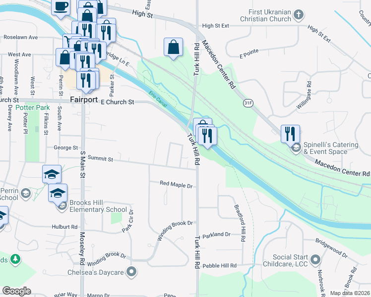 map of restaurants, bars, coffee shops, grocery stores, and more near 8 Hillsborough Street in Fairport