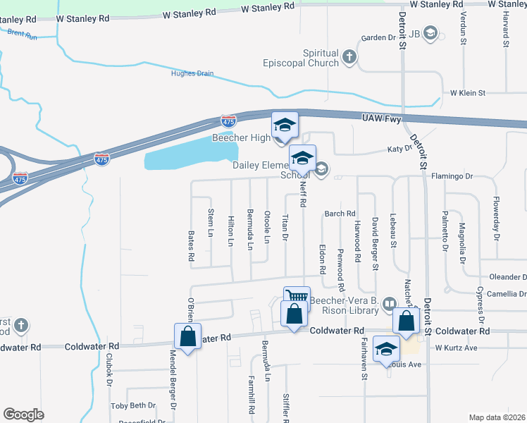 map of restaurants, bars, coffee shops, grocery stores, and more near 6175 Otoole Lane in Mount Morris