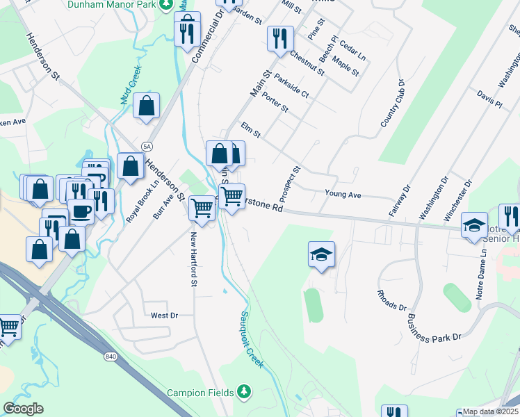map of restaurants, bars, coffee shops, grocery stores, and more near 22 Burrstone Road in New York Mills