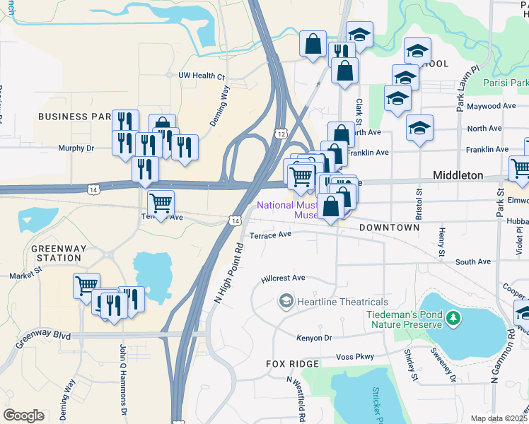 map of restaurants, bars, coffee shops, grocery stores, and more near 7781 Elmwood Avenue in Middleton
