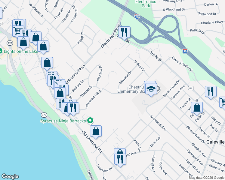 map of restaurants, bars, coffee shops, grocery stores, and more near 104 Chestnut Heights Drive in Liverpool